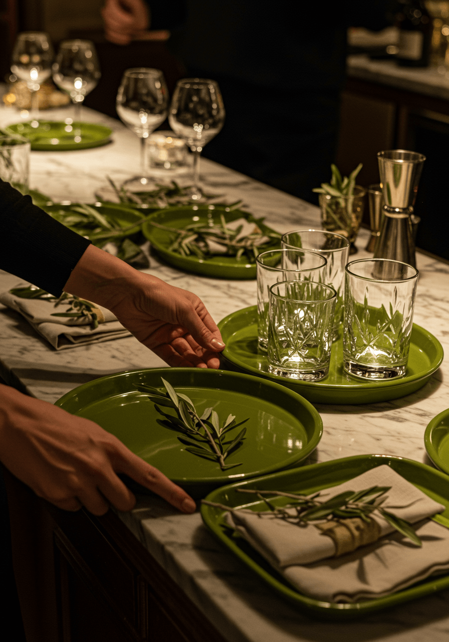 Detail shot of olive green enamel trays with artisanal cocktail glasses, dried olive branches and linen napkins on marble bar surface