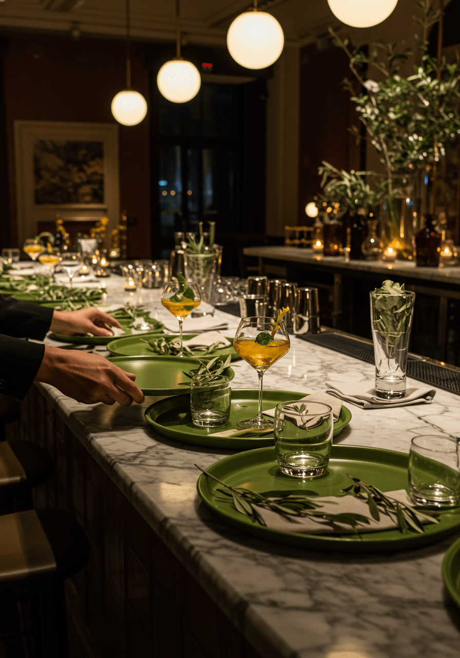 Wide angle view of multiple olive green enamel serving trays arranged with crystal glassware and natural elements on upscale wedding bar