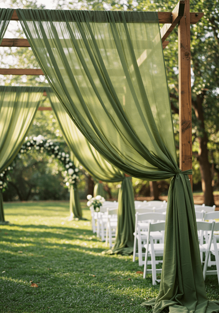 Wide shot of olive green chiffon and silk fabric panels suspended from wooden arches in outdoor garden ceremony space during golden hour