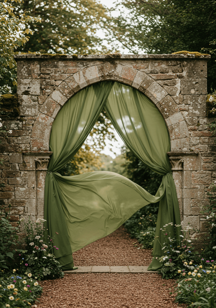 Eye-level view of limestone archway elegantly draped with olive green chiffon panels and wildflowers at base in garden setting