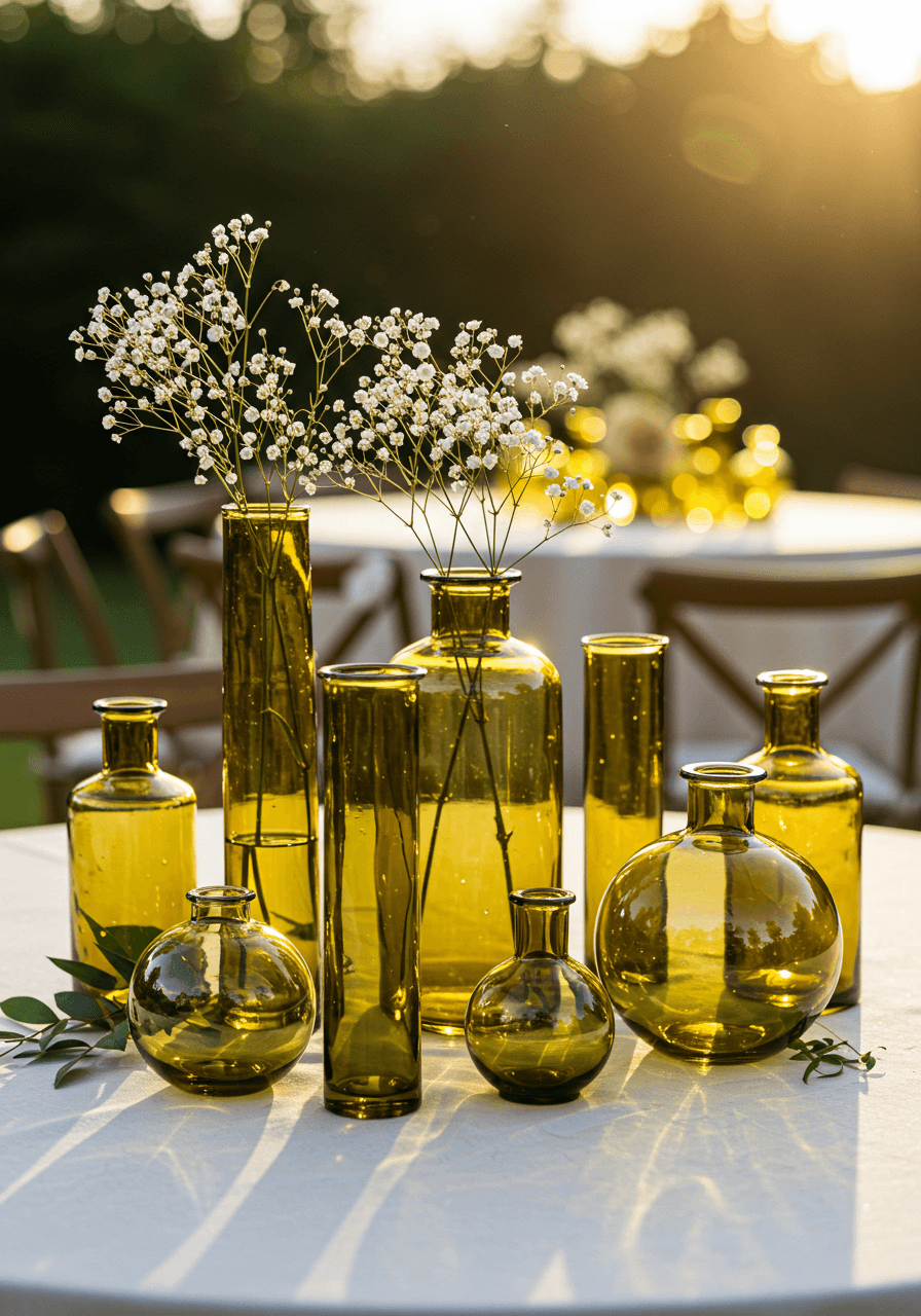Collection of olive green glass vessels in various shapes with white flowers and baby's breath on linen tablecloth at golden hour
