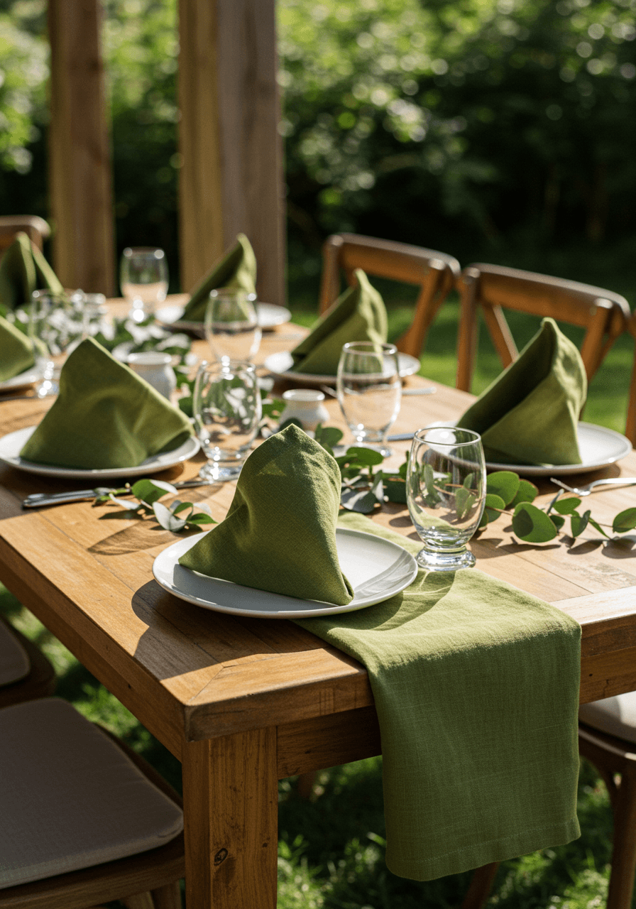 Wide shot of olive green origami-style folded linen napkins on outdoor reception table with scattered eucalyptus in afternoon light