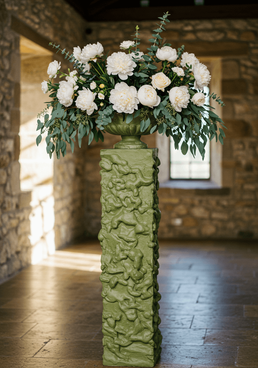 Tall olive green plaster pedestal with hand-crafted texture holding white peonies and eucalyptus against natural stone wall