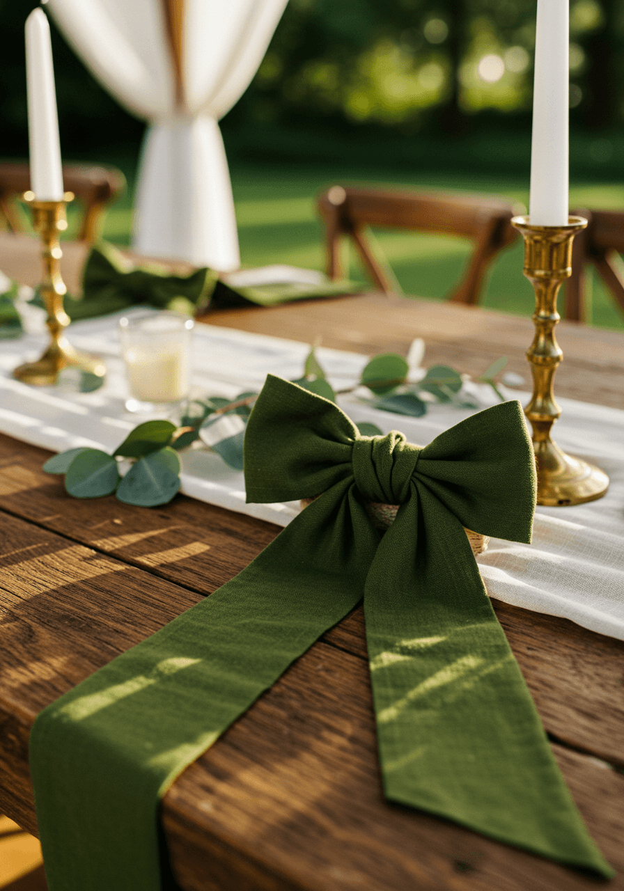 Sculptural olive green cotton ribbon bows arranged as table centerpiece on weathered wood farmhouse table with eucalyptus and brass candlesticks