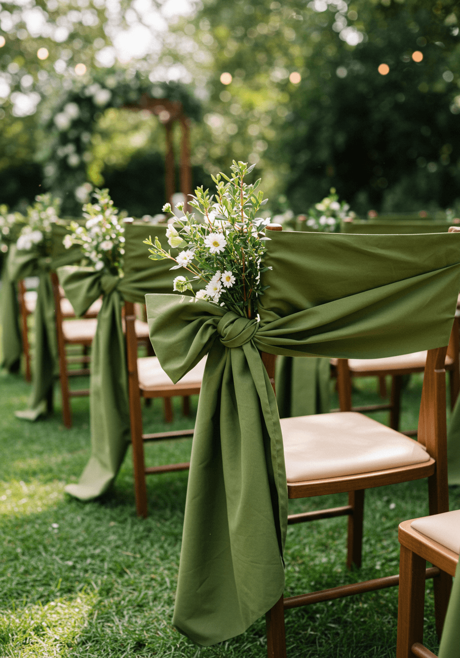 Detail of olive green cotton ribbon bows arranged on rustic wood chair backs in ceremony rows with greenery background