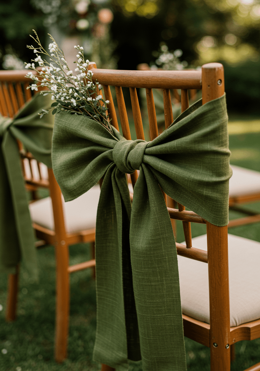 Close-up of olive green cotton ribbon tied in large sculptural bows on wooden ceremony chairs in outdoor garden