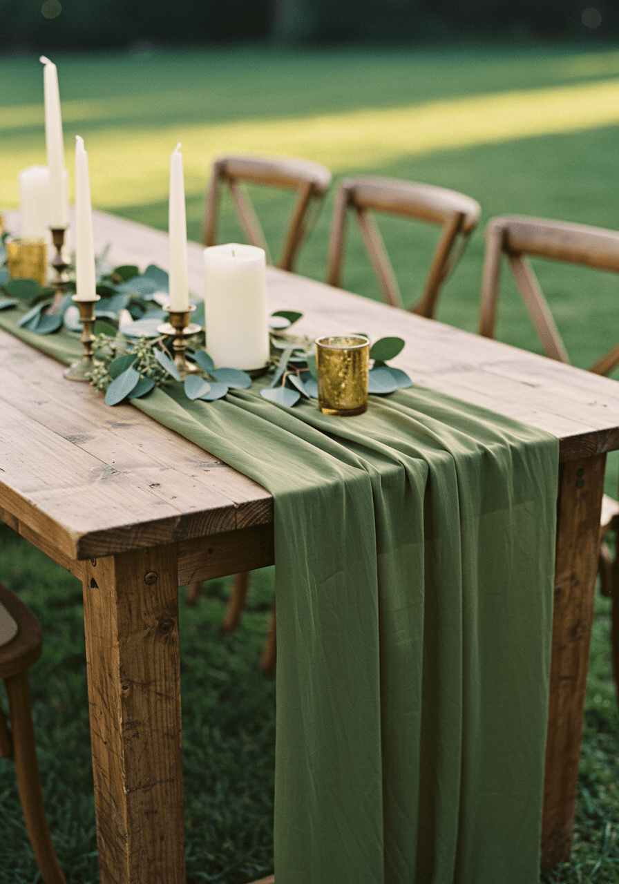 Crinkled olive green silk runner on rustic farmhouse table with brass candlesticks and eucalyptus at golden hour