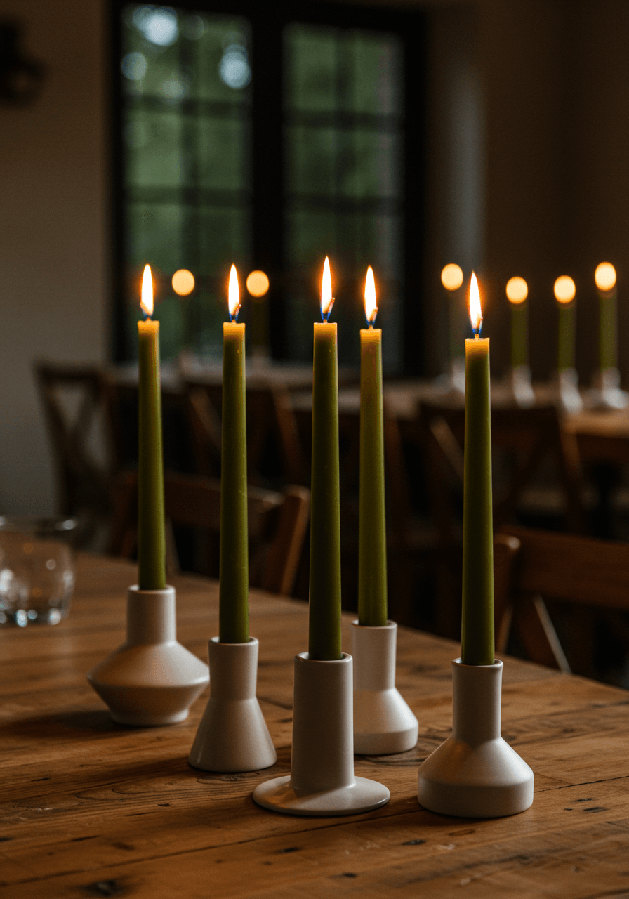 Olive green wax taper candles in white ceramic minimalist holders on rustic wooden table