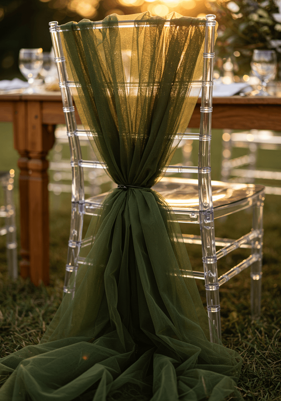 Close-up detail of deep olive green tulle cascading over transparent ghost chair back in rustic outdoor setting with golden hour backlighting