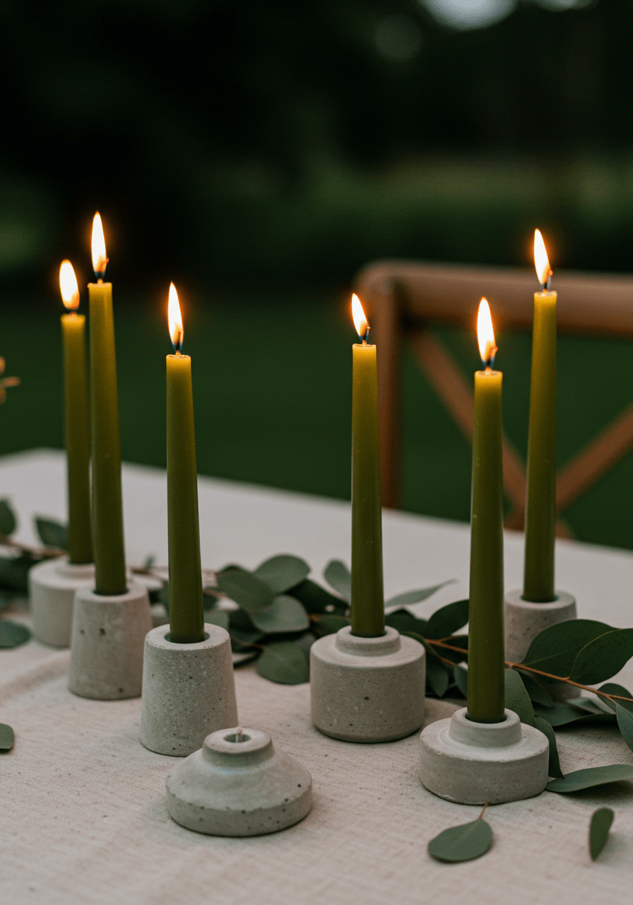 Romantic olive green taper candles in modern concrete holders with eucalyptus on linen-covered table at twilight