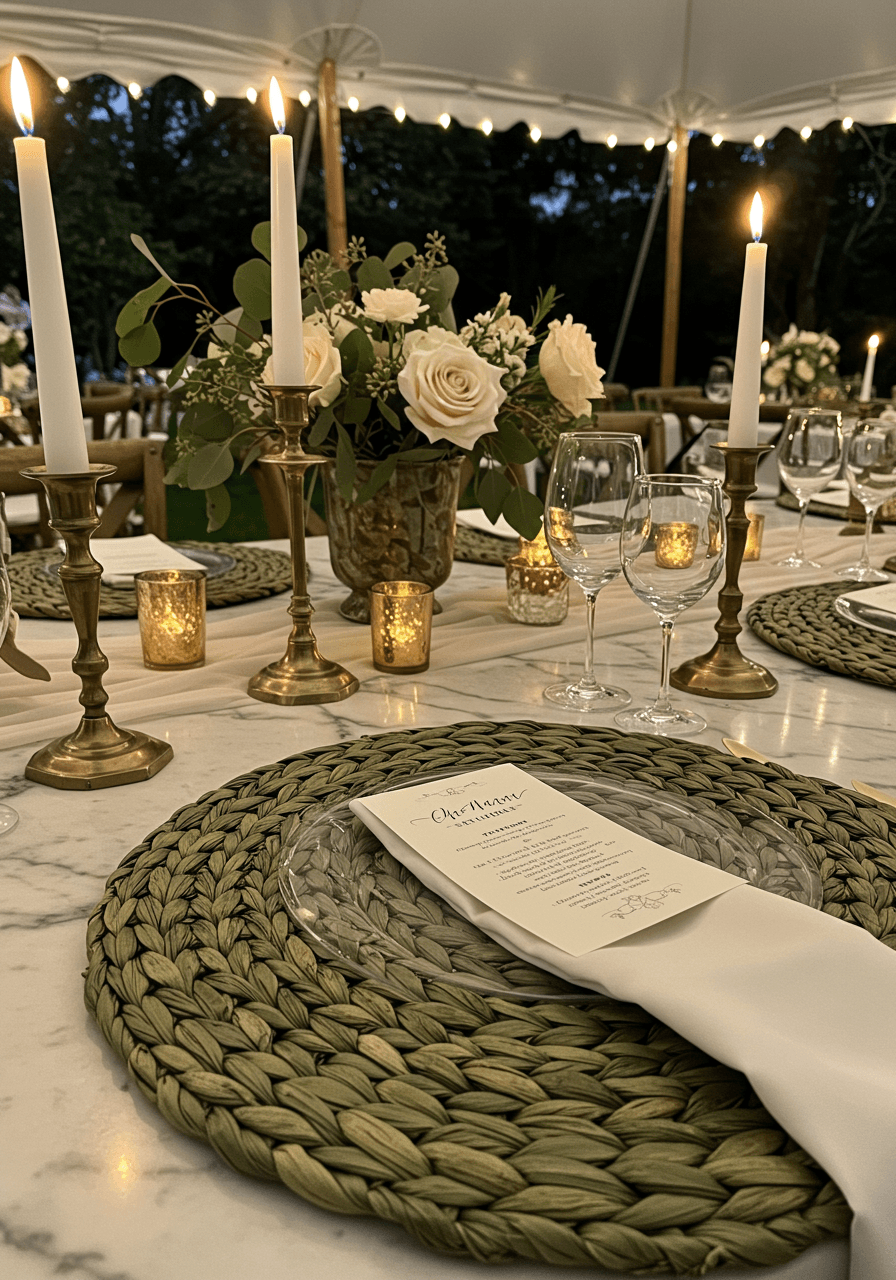 Close-up of olive green woven placemats with vintage brass candlesticks, flickering flames and crystal stemware at twilight reception