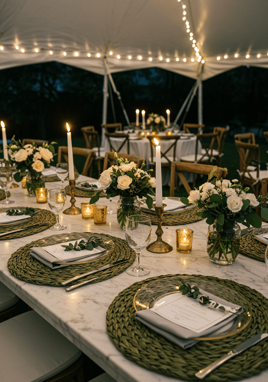Detail shot of romantic tablescape featuring olive fiber placemats, ivory roses, eucalyptus and candlelight under white tent at evening
