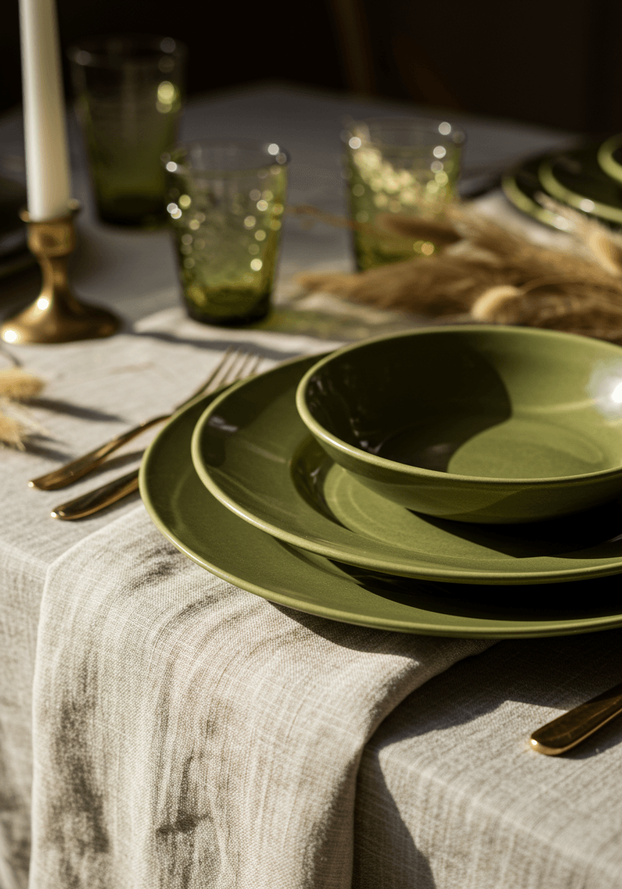 Overhead detail of olive green ceramic plates on ivory linen napkins with brass charger plates and pampas grass at golden hour