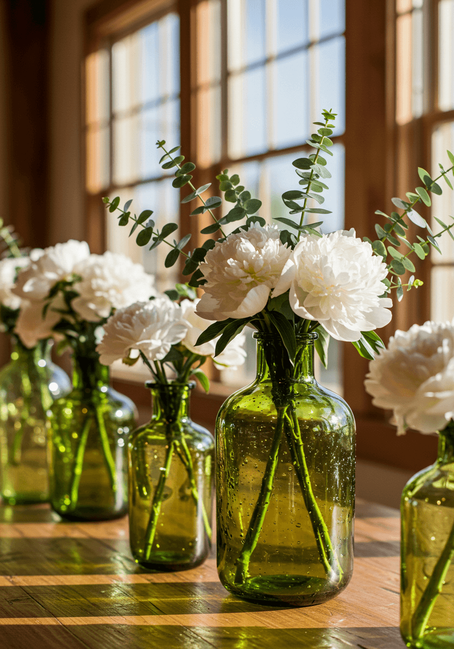 Close-up of translucent olive green glass vases with white peonies and eucalyptus on rustic wood table in late afternoon light