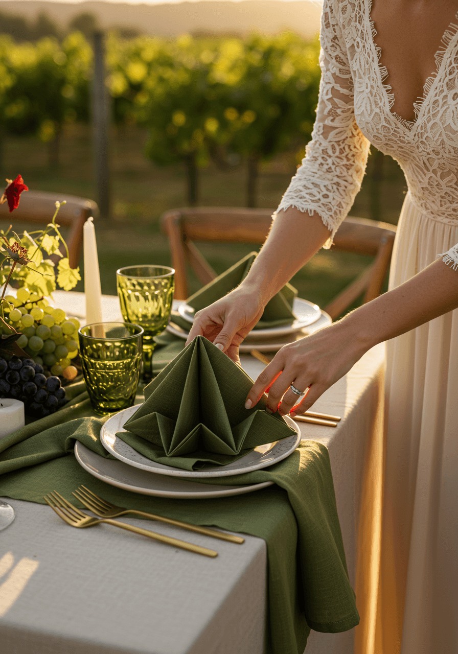 Bride's hands adjusting olive green origami folded napkins on vineyard table at golden hour with brass flatware and grapevine centerpiece