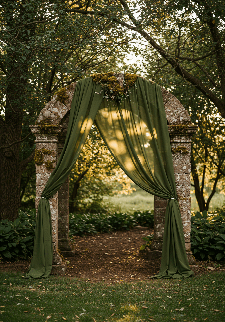 Wide shot of weathered stone archway with flowing olive green chiffon in garden courtyard during soft afternoon light