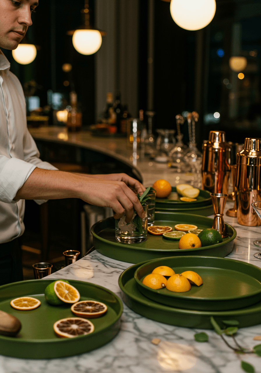 Overhead view of bartender arranging olive green enamel serving trays with cocktail ingredients on marble bar counter in upscale evening venue