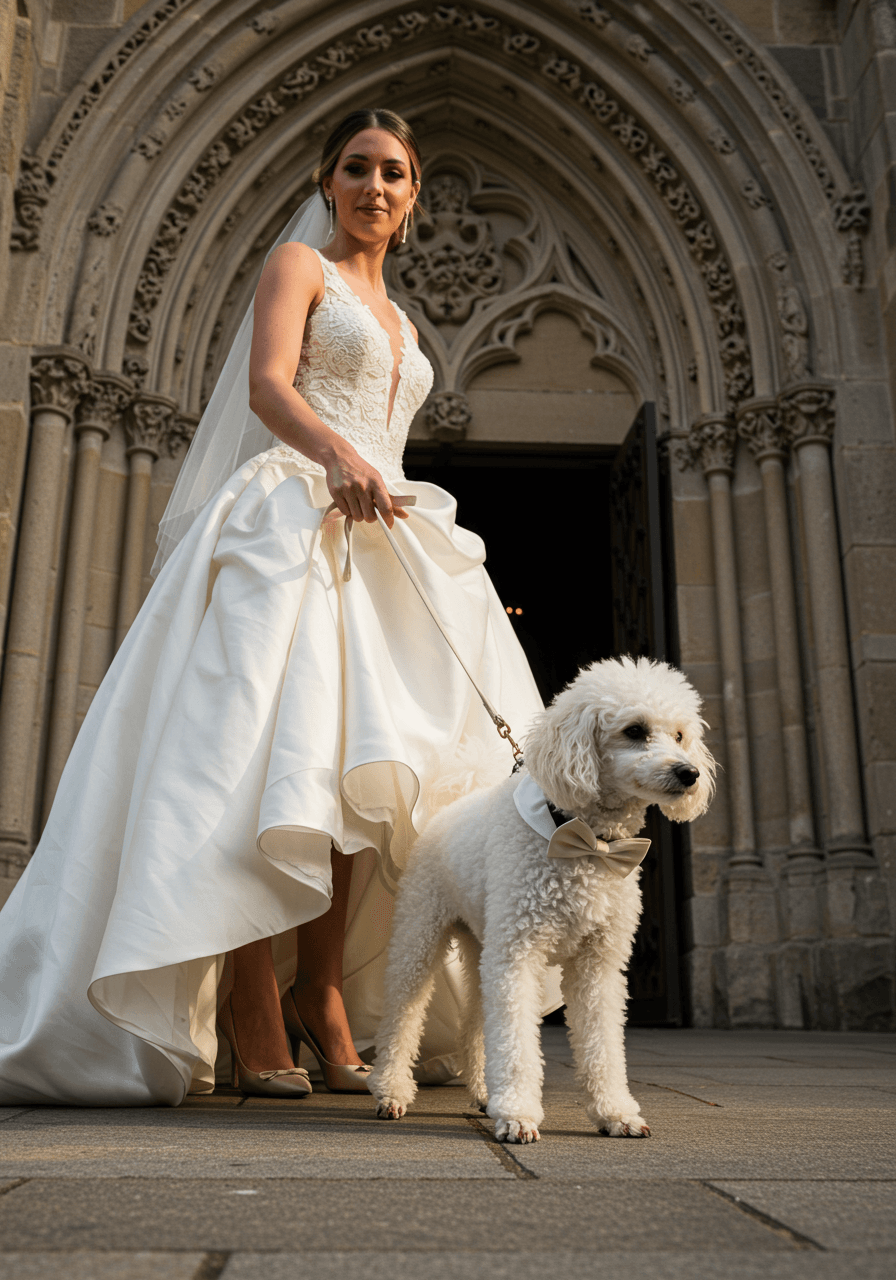 Bride holding leash of white poodle in satin bow tie exiting ornate cathedral doors during golden hour