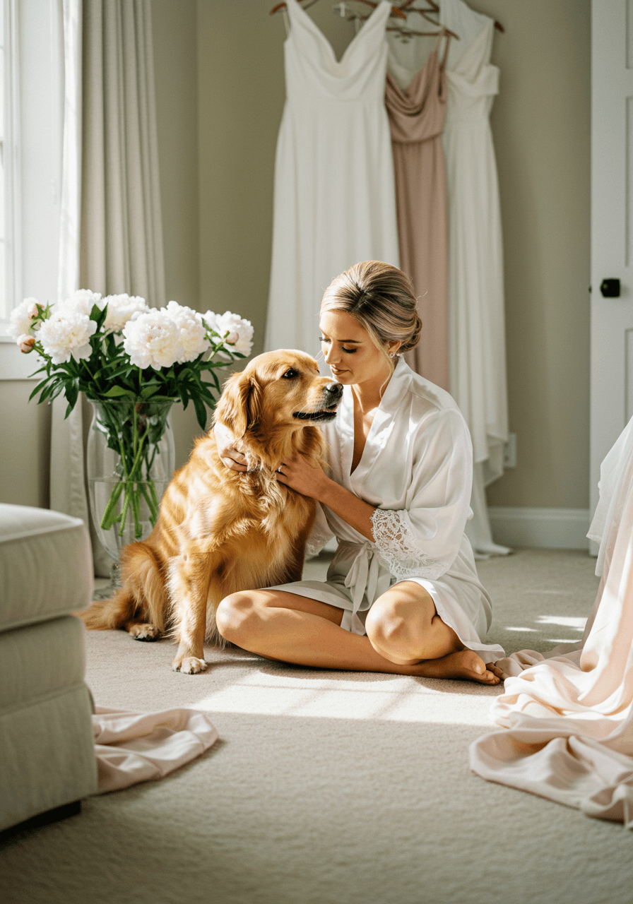 Bride in white silk robe sitting cross-legged on carpet cuddling golden retriever in sunlit bridal suite