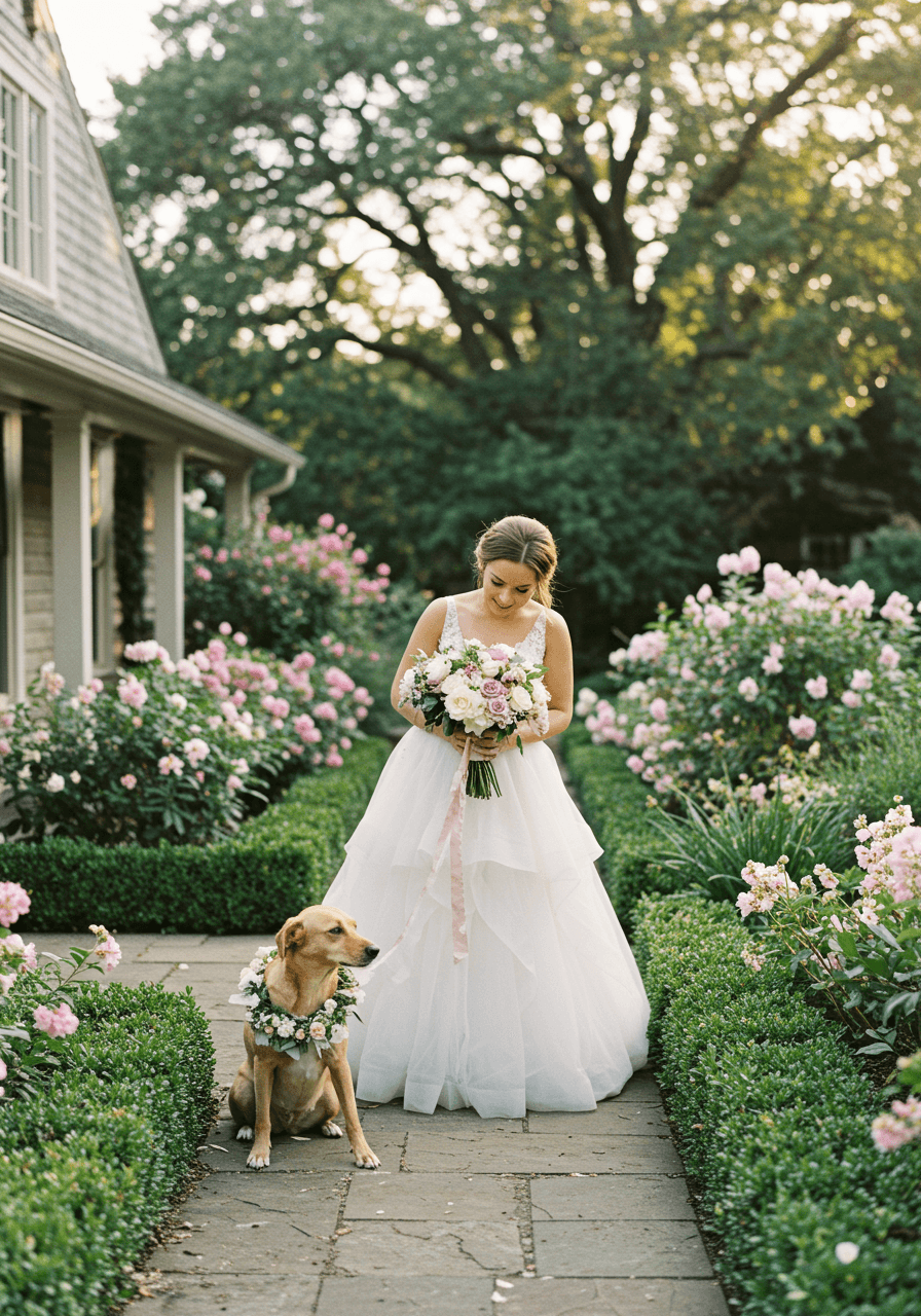 Bride in white gown sharing intimate first look moment with dog wearing floral collar in sunlit garden courtyard