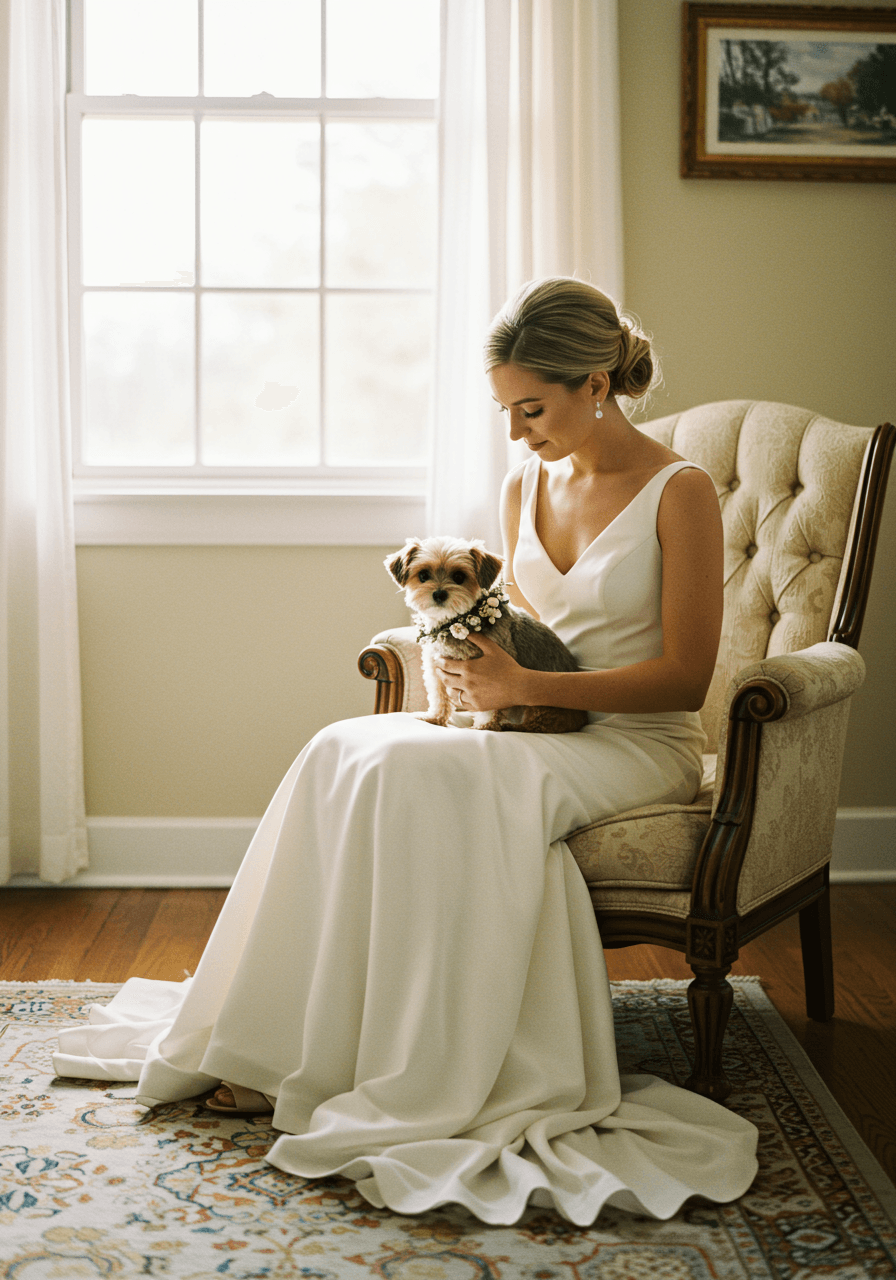 Bride in elegant white gown sitting on vintage velvet chair holding small dog in lap in softly lit bridal suite