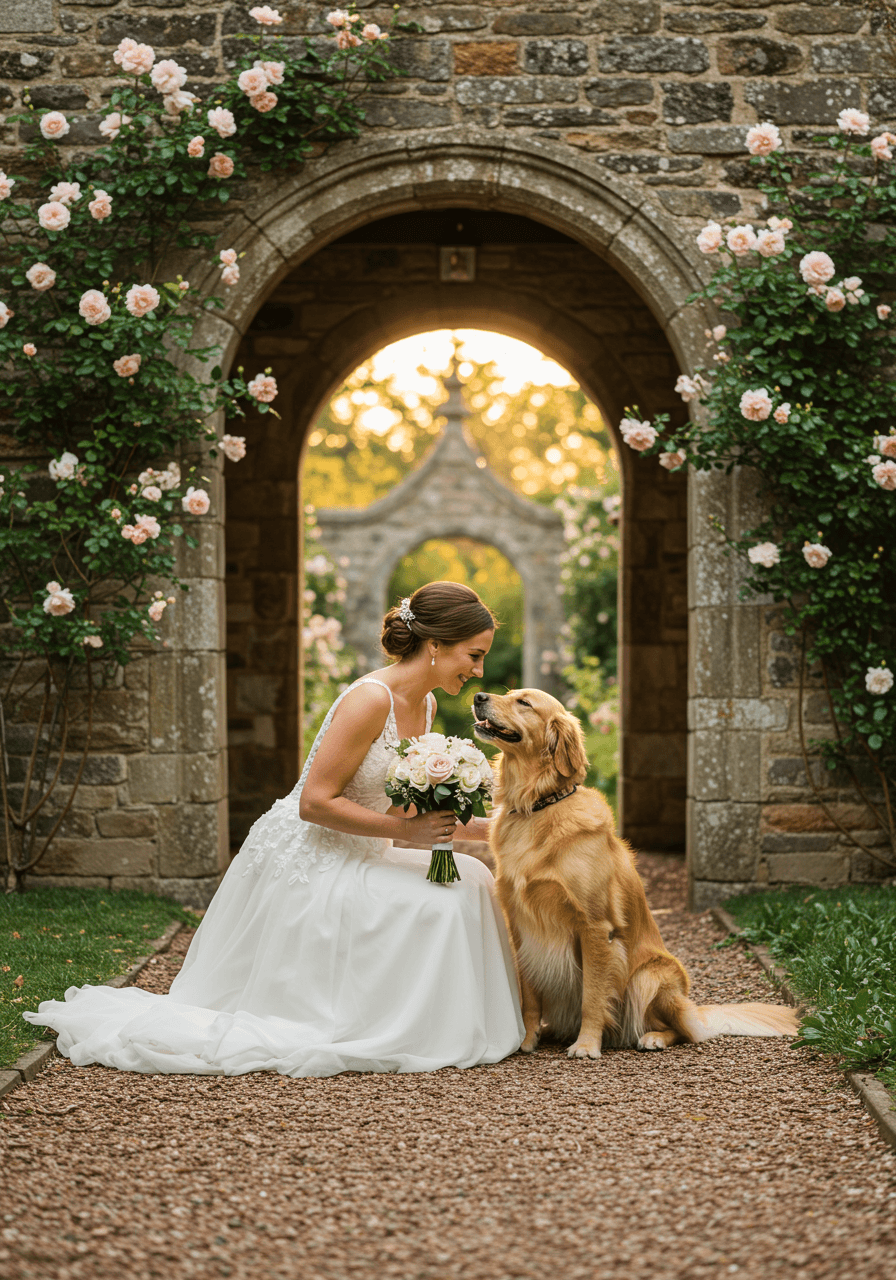 Bride in flowing white dress kneeling beside golden retriever in sunlit garden courtyard with stone archways
