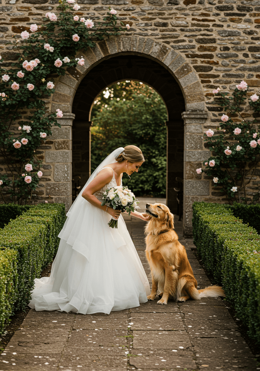 Bride gently petting golden retriever among climbing roses and weathered stone in garden setting
