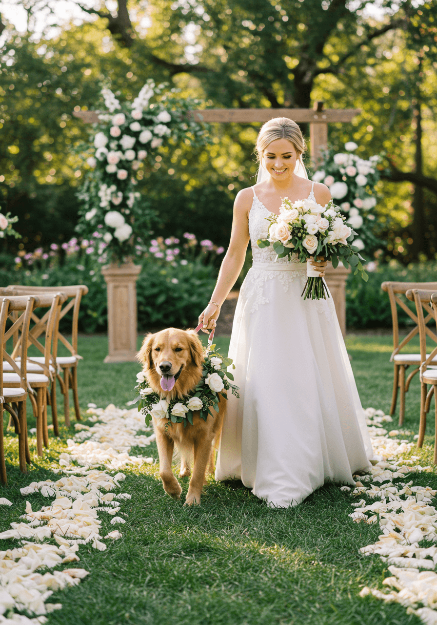 Bride in flowing white dress walking down petal-lined aisle with golden retriever wearing elegant floral leash