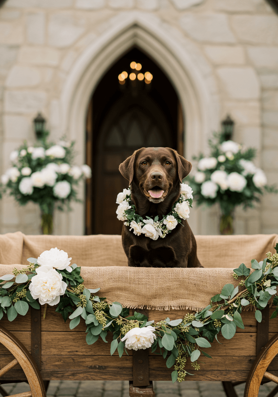 Chocolate labrador in white floral collar sitting proudly in rustic wooden wagon decorated with eucalyptus and peonies