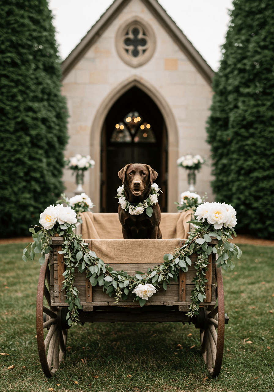 Wide view of decorated rustic wagon with chocolate lab positioned at country chapel entrance