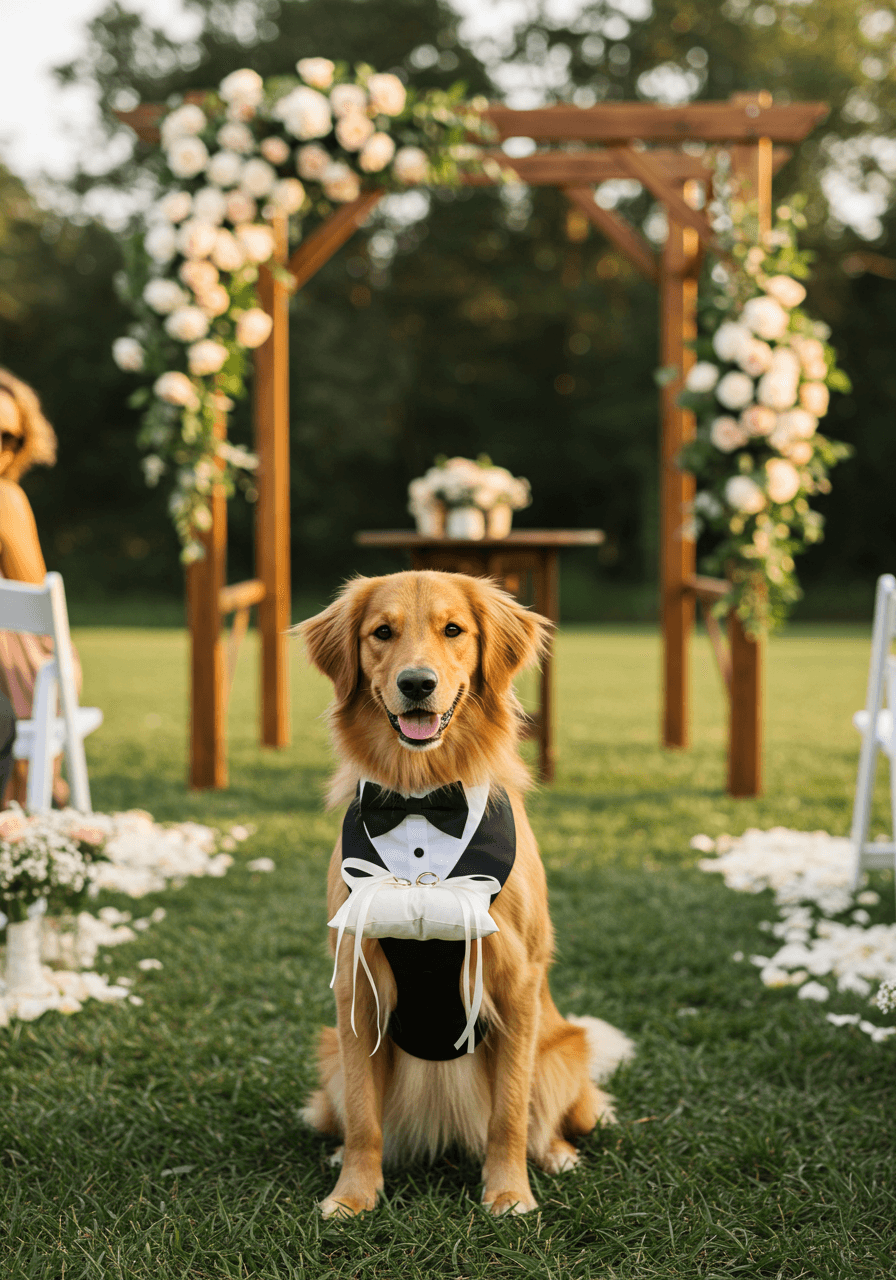 Golden retriever wearing black bow tie and white ring pillow harness standing at rustic outdoor wedding altar during golden hour