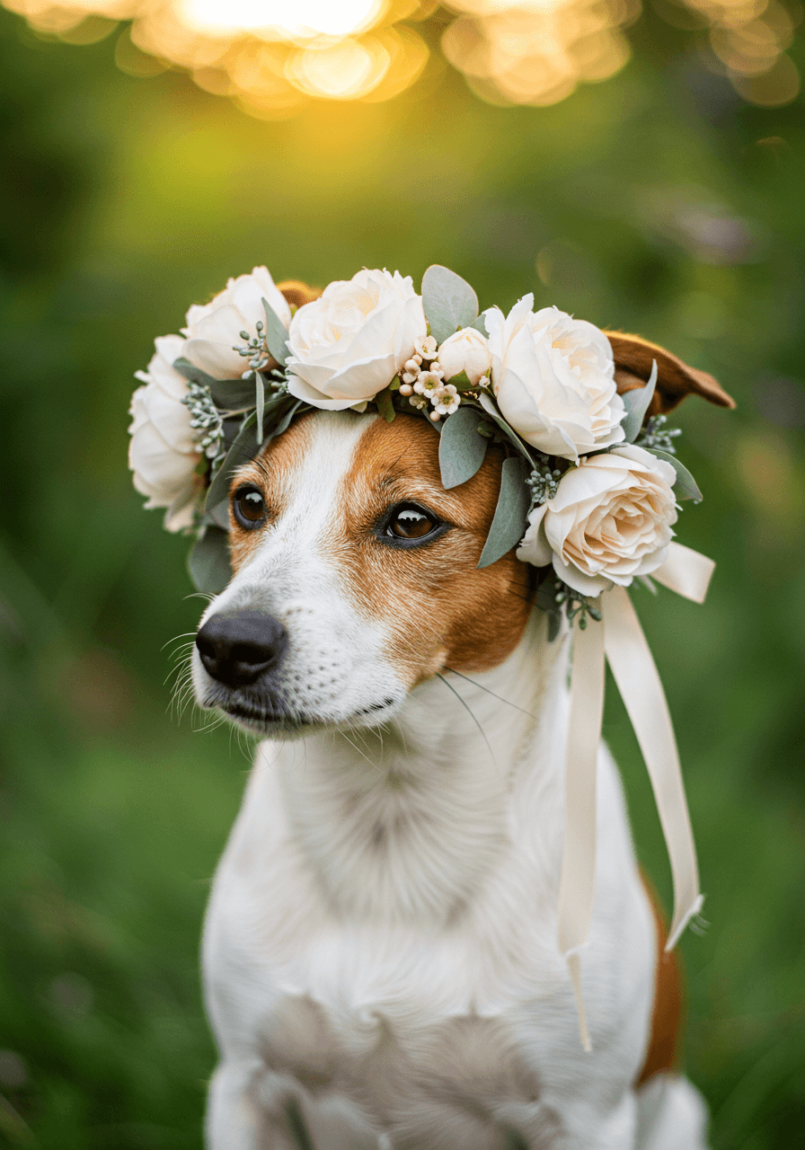 Close-up of small dog wearing elaborate cream peony and eucalyptus floral crown in garden setting during golden hour
