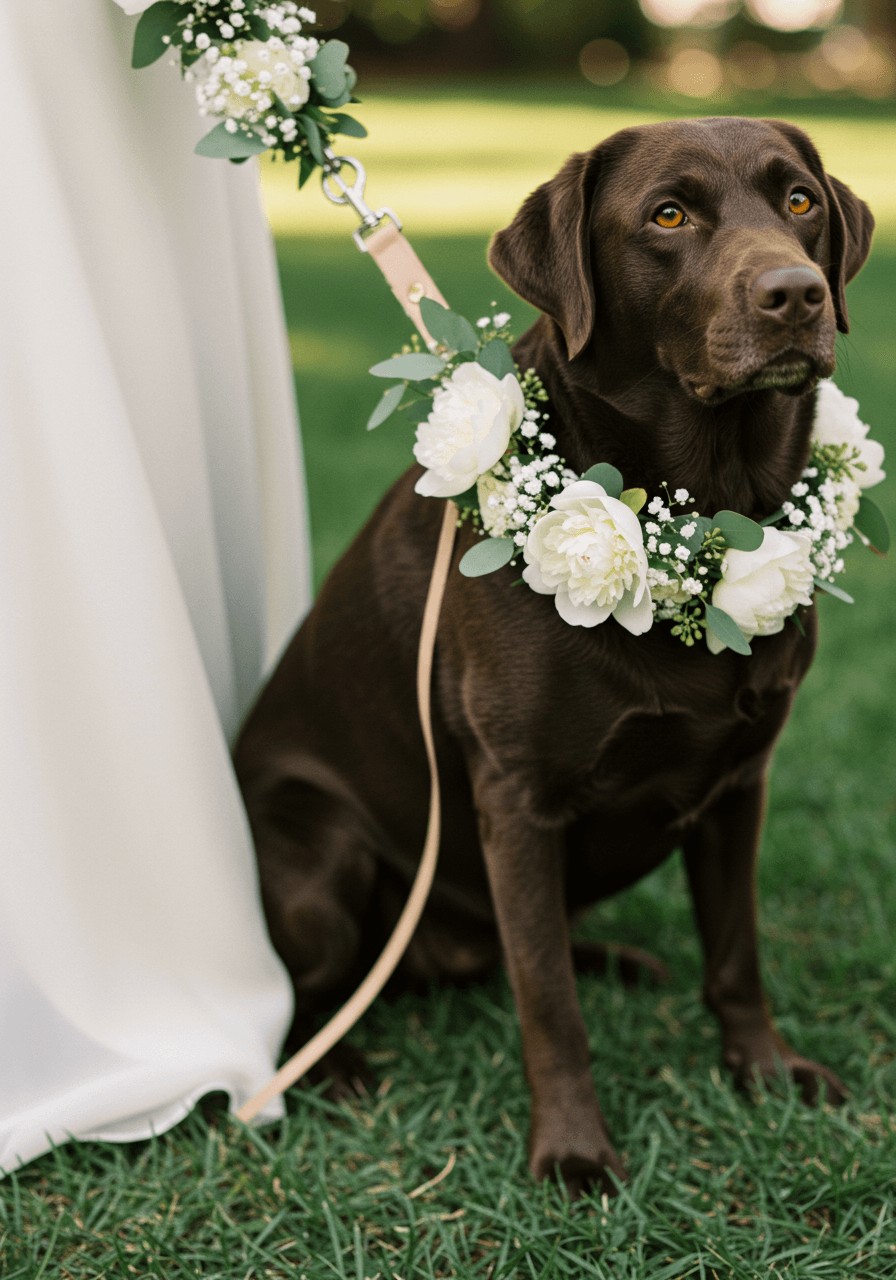 Close-up detail of custom floral leash made with white peonies and eucalyptus attached to chocolate labrador