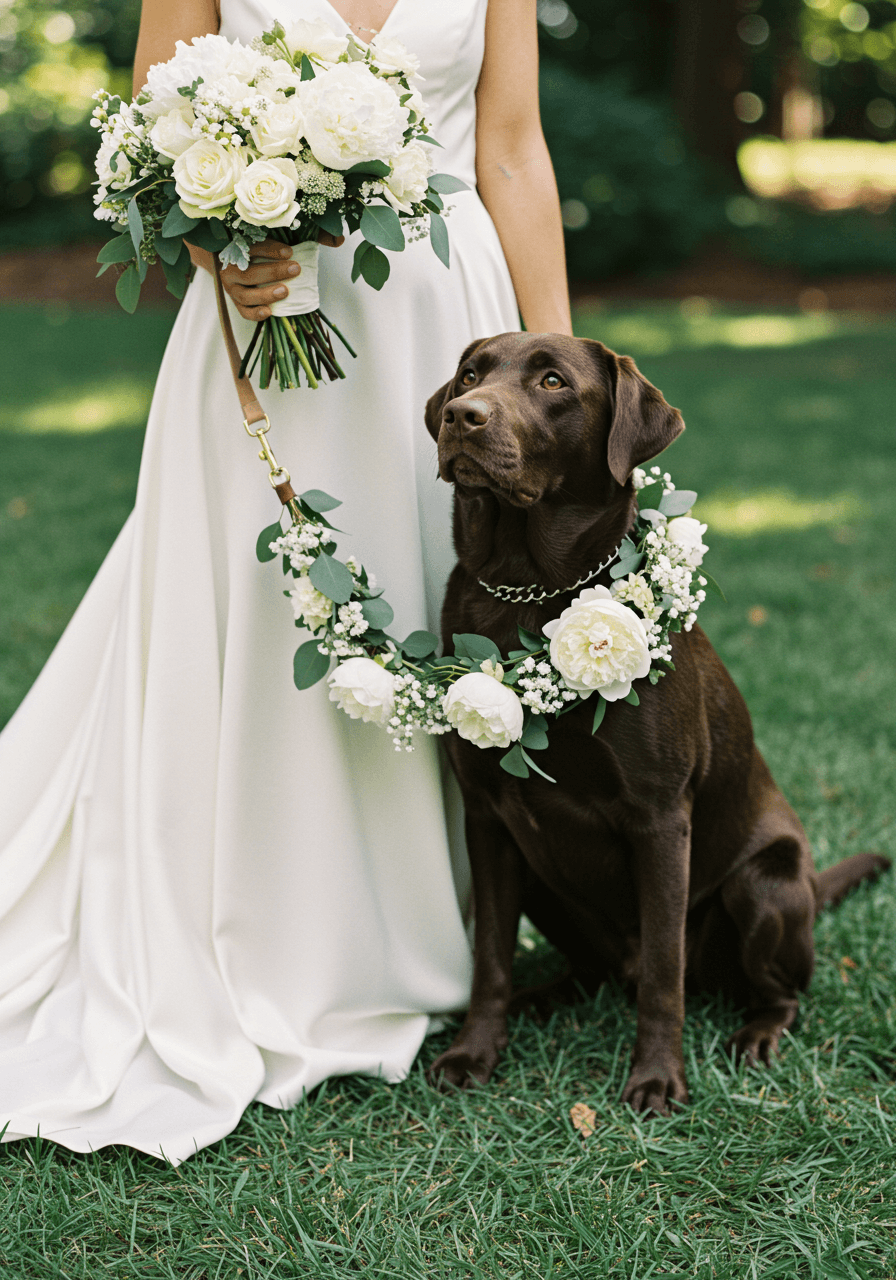 Chocolate labrador wearing beautiful floral leash sitting beside bride's wedding dress train in garden setting