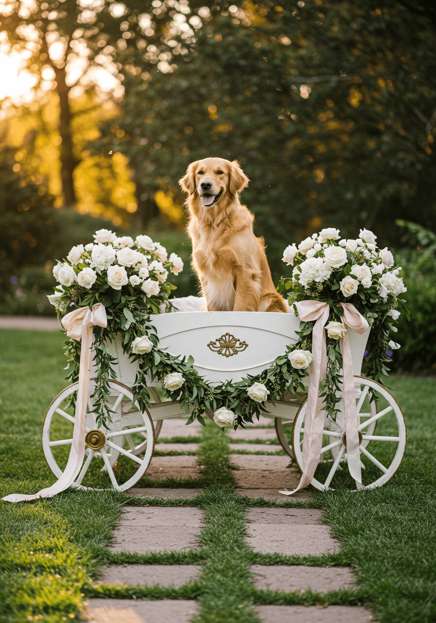 Golden retriever sitting regally in ornate white wooden wagon decorated with cascading white roses on garden pathway