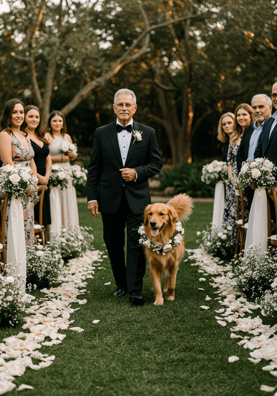 Father in tuxedo and golden retriever walking together down flower petal wedding aisle in golden hour lighting