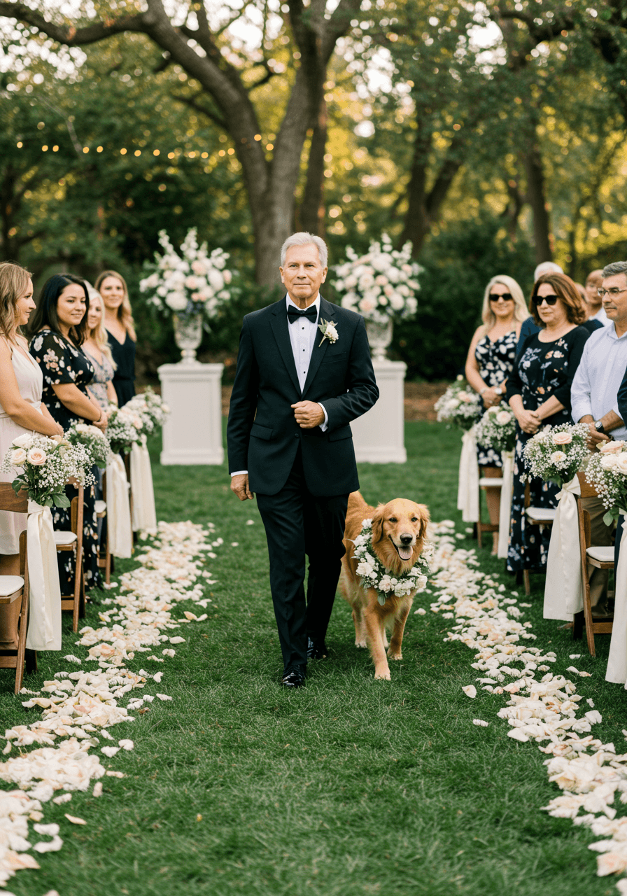 Golden retriever with white floral collar walking alongside father in black tuxedo down petal-lined outdoor wedding aisle
