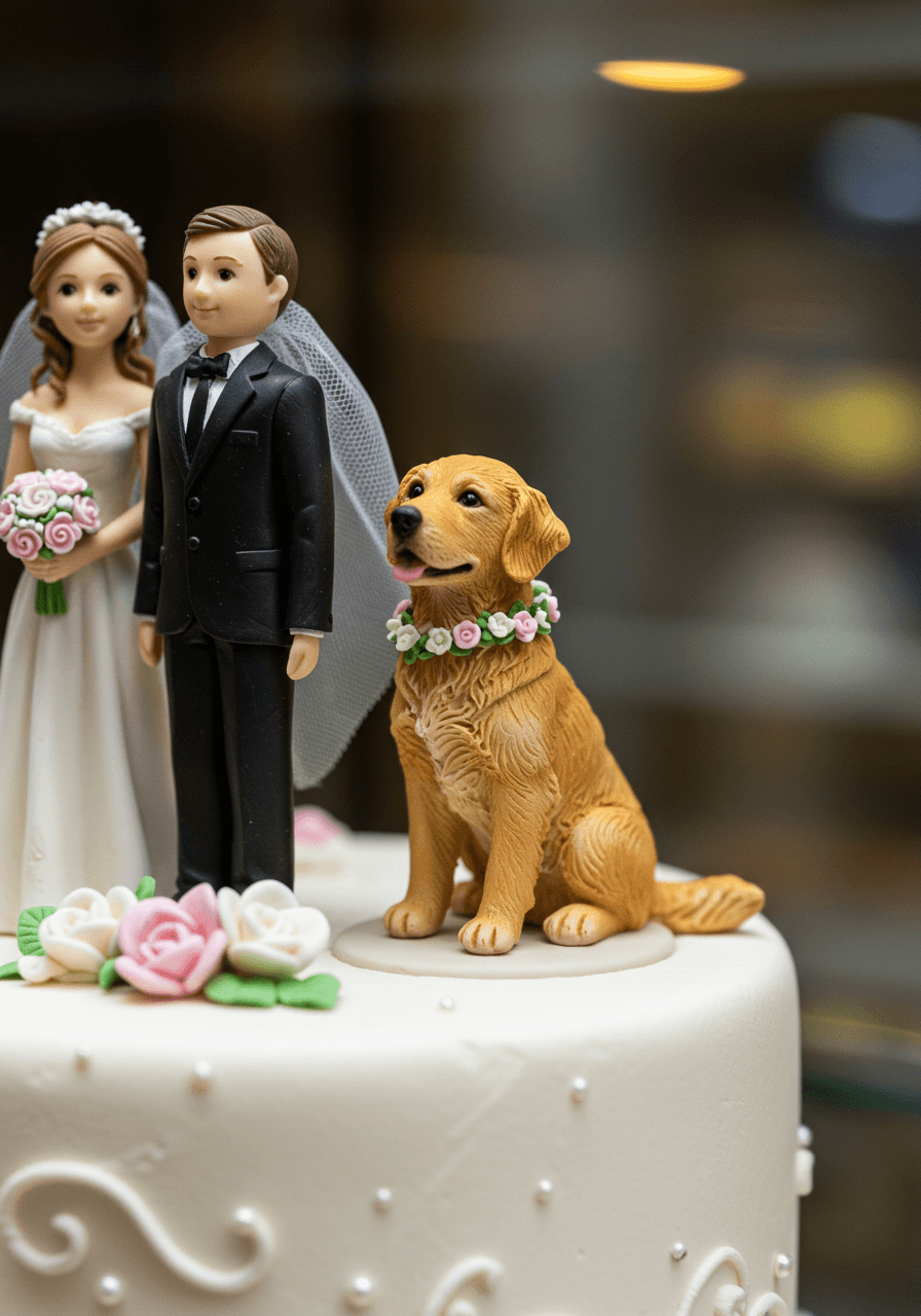 Detailed miniature golden retriever figurine with realistic features on pristine white wedding cake in bakery display