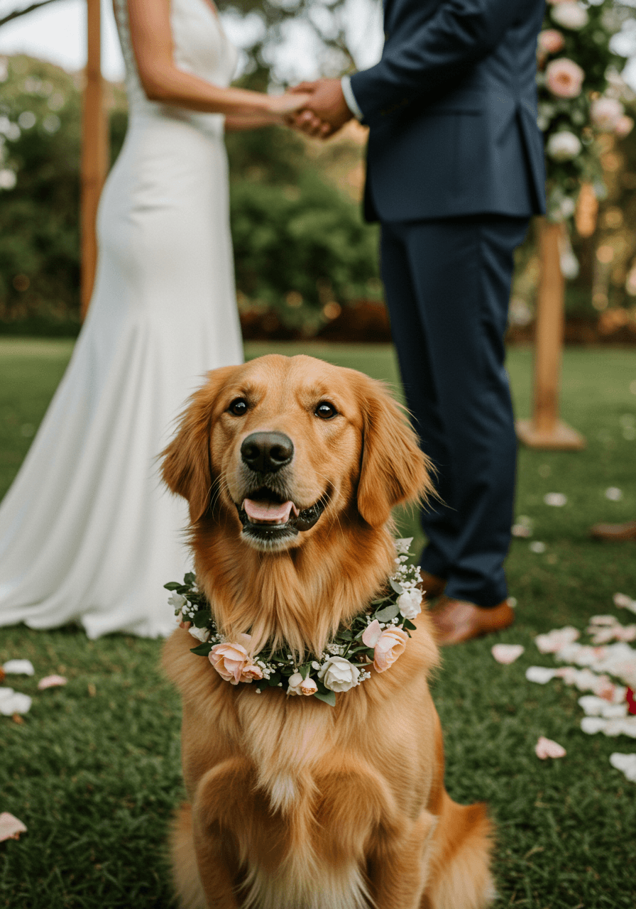 Close-up of golden retriever sitting at couple's feet during vow exchange with scattered rose petals