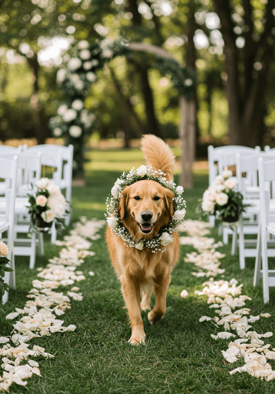 Golden retriever wearing white rose and baby's breath floral crown walking down wedding aisle lined with white chairs