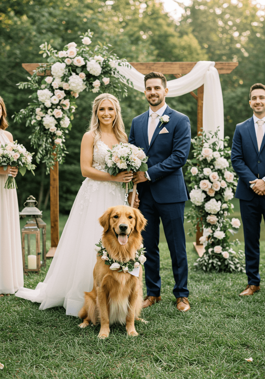 Golden retriever in white bow tie and floral collar standing proudly beside bride and groom at outdoor altar