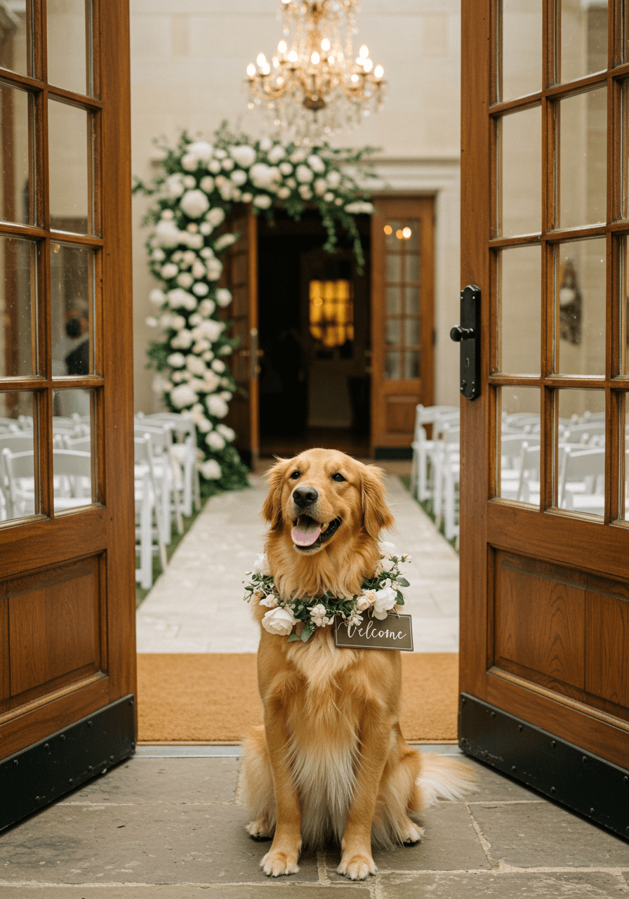 Golden retriever wearing Welcome sign and floral collar sitting beside wedding ceremony entrance decorated with white flowers