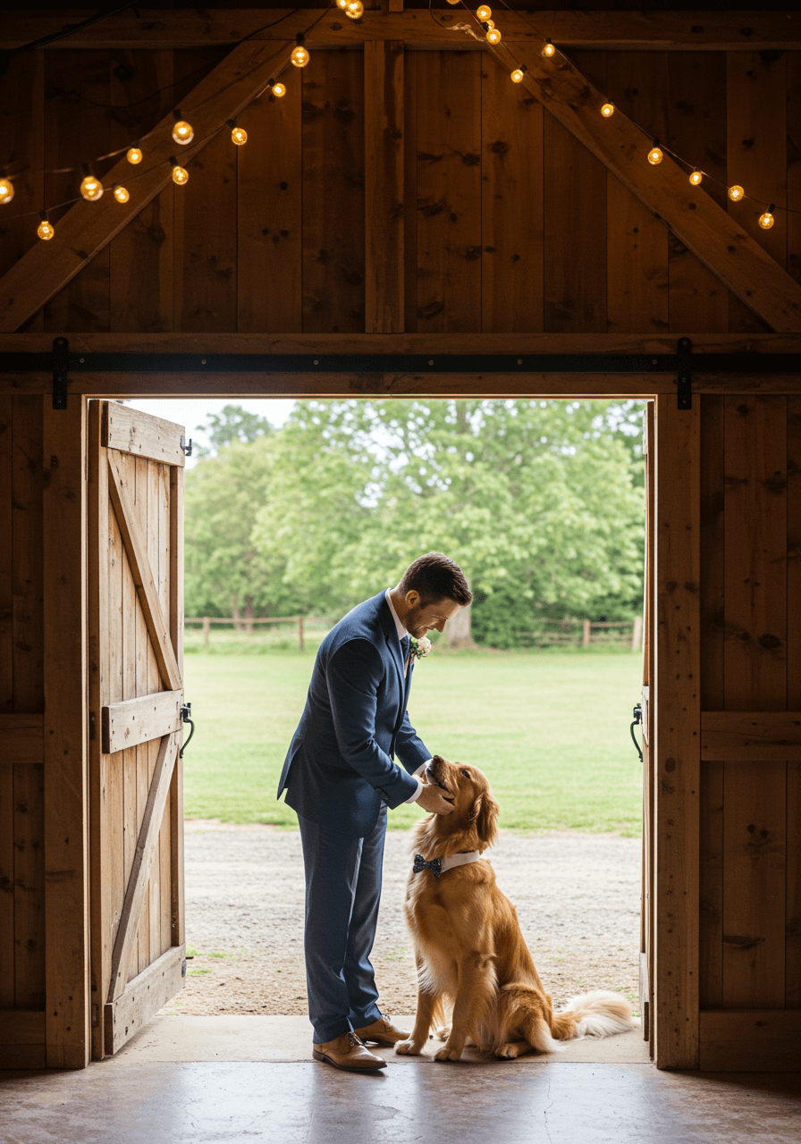 Groom standing and petting golden retriever in rustic barn entrance with warm ambient lighting