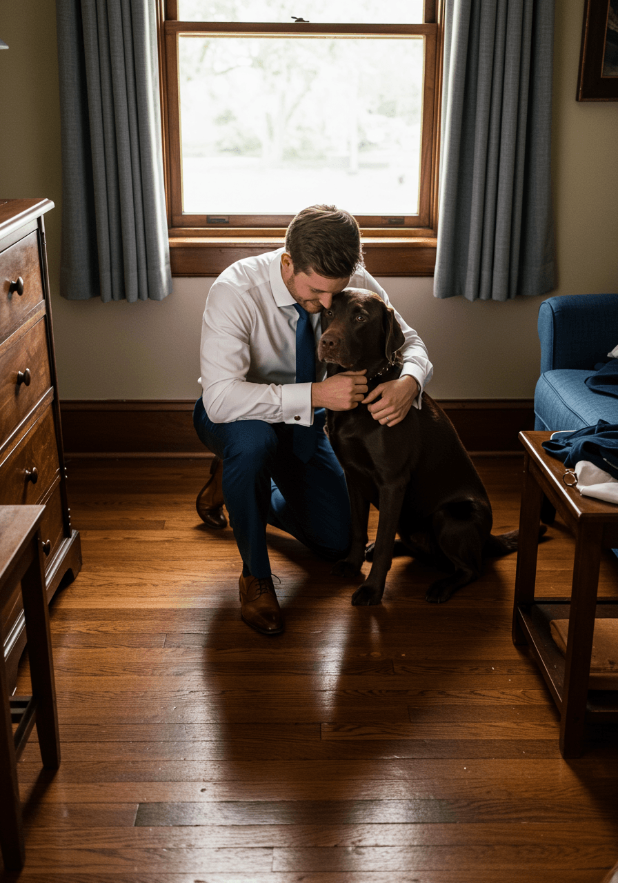 Groom kneeling on hardwood floor embracing chocolate labrador in cozy morning light