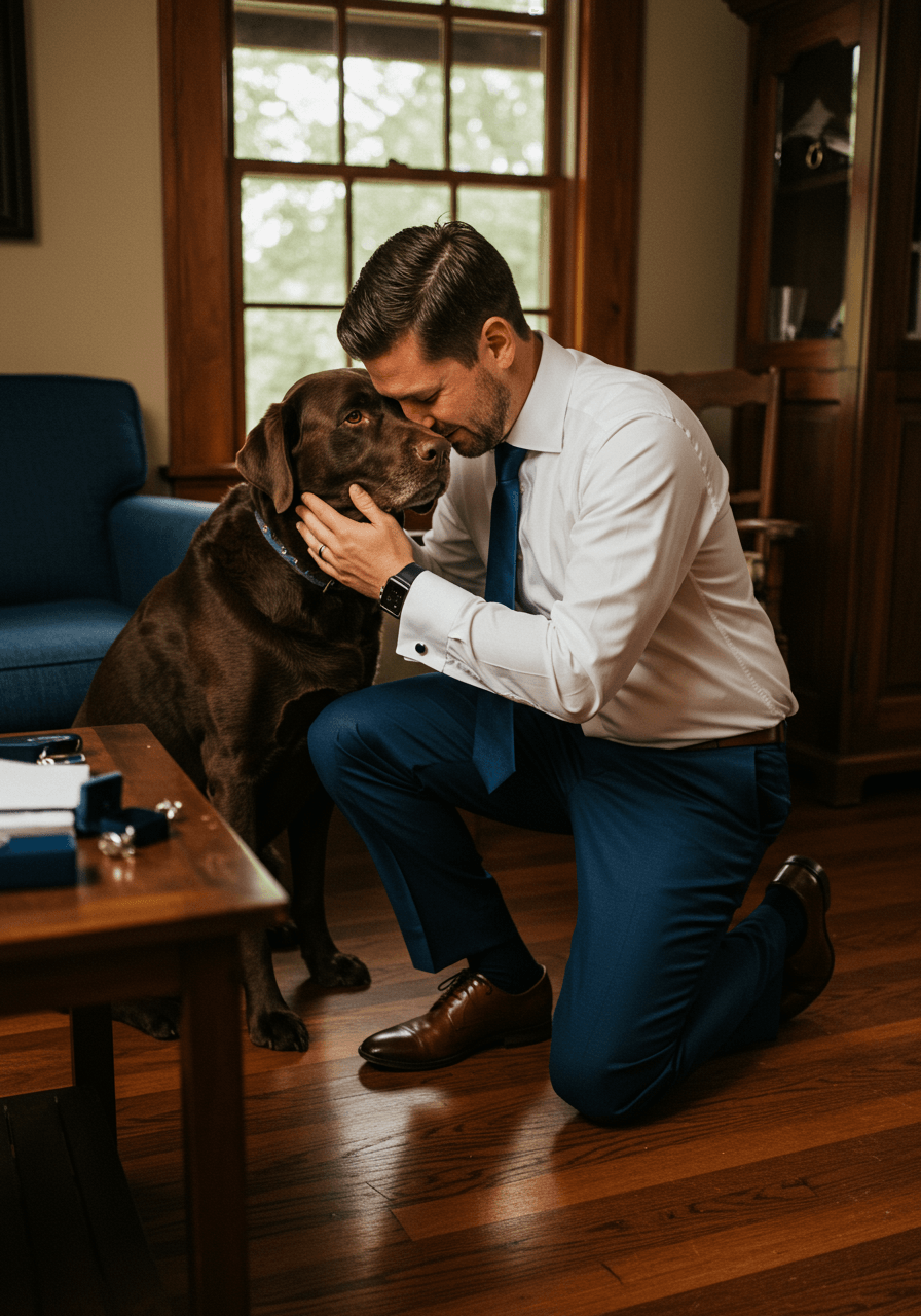 Groom in white dress shirt with chocolate labrador resting head on his shoulder in getting-ready room