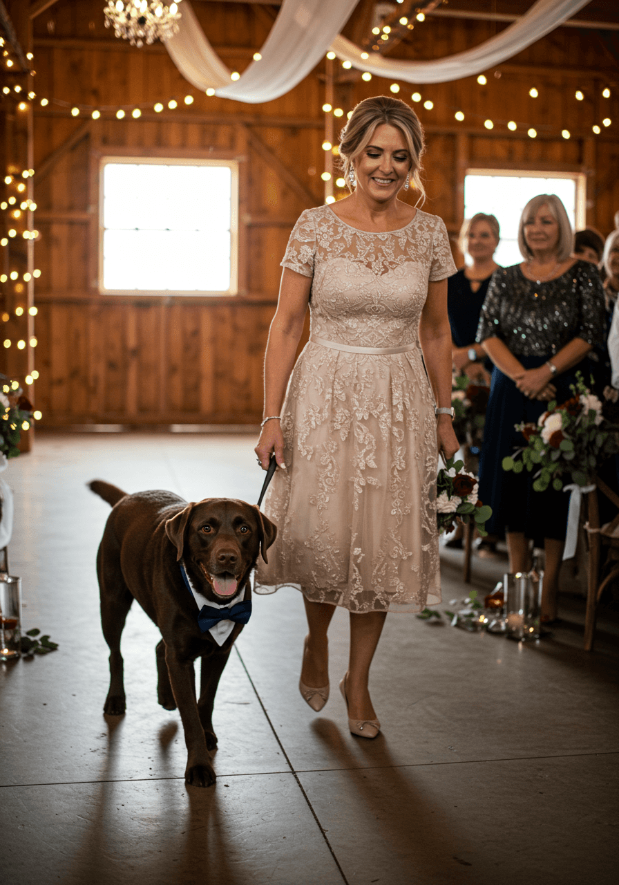 Mother and chocolate lab pausing together during barn wedding processional with string lights overhead