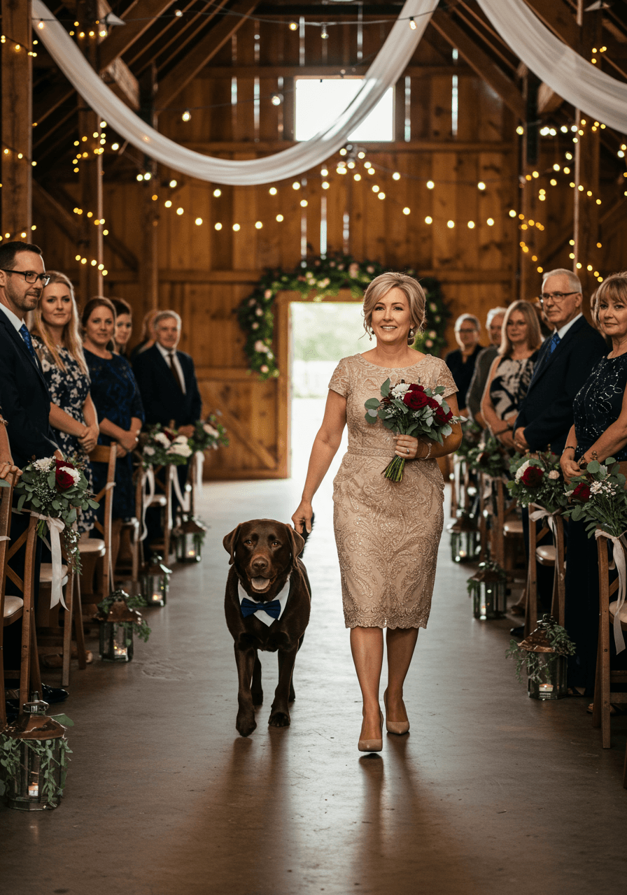 Chocolate labrador wearing navy bow tie walking beside mother in champagne dress down rustic barn wedding aisle
