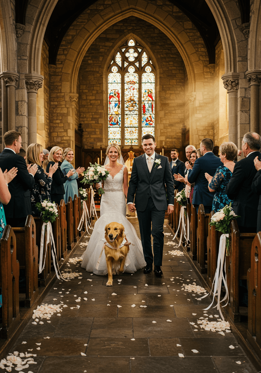 Newlywed couple walking hand-in-hand down church aisle with golden retriever trailing ribbon streamers