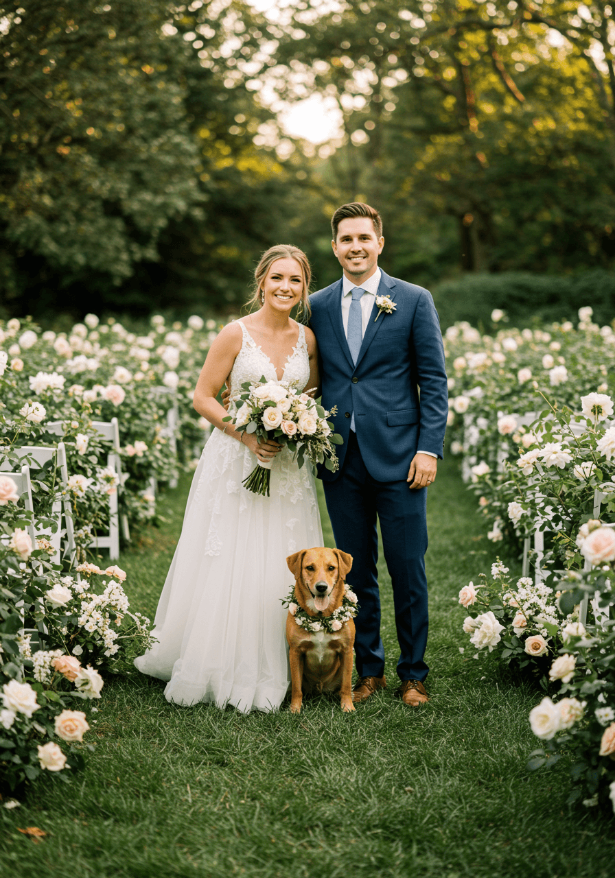 Newlywed couple with golden retriever in floral collar posing for family portrait in blooming garden during golden hour