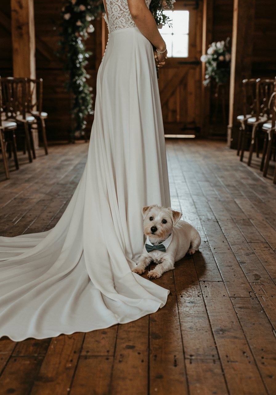Terrier mix resting against bride's dress during vow exchange in rustic barn wedding venue